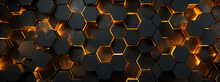 A Geometric Background With Gold And Black Hexagons, In The Style Of Rusty Debris, Detailed Skies