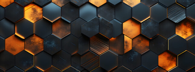 Wall Mural - hexagon wall in gold and black, in the style of apocalyptic collage, dark sky-blue and dark orange, lightbox, dark gray and light black, patterned surfaces, future tech, shaped canvas