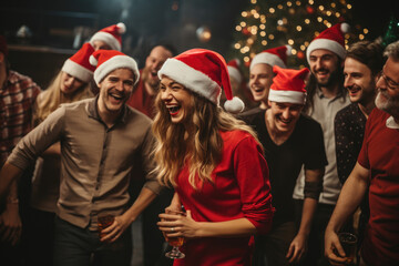 Office christmas party, people wearing santa hats and having fun