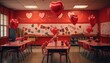 Photo of a festive room decorated with red heart balloons and tables and chairs for a special event