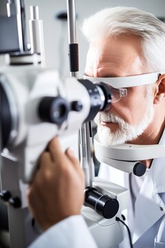 An oculist doing an eye exam in the ophthalmologist office. Generative AI