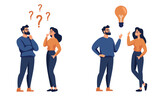 Fototapeta Pokój dzieciecy - Flat vector illustration. A woman and a man are discussing issues, thinking about making a decision, coming up with an idea. The concept of finding the right solution and idea. Vector illustration