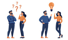 Flat Vector Illustration. A Woman And A Man Are Discussing Issues, Thinking About Making A Decision, Coming Up With An Idea. The Concept Of Finding The Right Solution And Idea. Vector Illustration