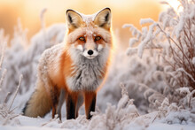 Red Fox With Its Fur Adapted To Winter's White Landscape