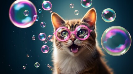 A playful cat wearing pink goggles and blowing bubbles