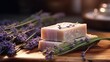 Two soap bars with lavender flowers on a wooden board