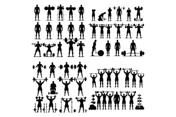 silhouette of a person lifting weights, the silhouette of a person with dumbbells, a Set of silhouettes of a Gym, fitness people, working out