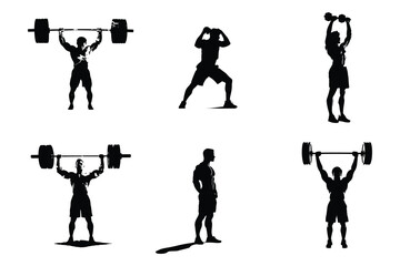 silhouette of a person lifting weights, the silhouette of a person with dumbbells, a Set of silhouettes of a Gym, fitness people, working out