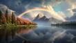 A vibrant rainbow arching over a serene lake with majestic mountains as the backdrop