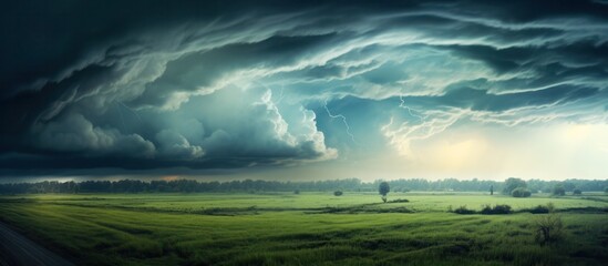 Wall Mural - dark sky with storm clouds on a green field