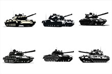  Set Of A Military Tank, Army Black And White Truck Bundle, American Army Truck, And Tank, Vehicles