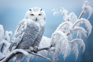 Wall Mural - Snowy owl perched on a frost-covered branch against a winter sky