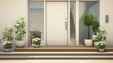 Wall Mural - A striking white entrance door surrounded by geometric steps and white potted flowers exudes modern charm.