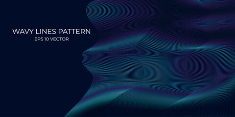 Vector wavy lines pattern smooth curve flowing dynamic blue green gradient light isolated on navy background. Concept for technology, digital, communication, science, music.