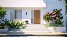 A Striking White Entrance Door Surrounded By Geometric Steps And White Potted Flowers Exudes Modern Charm.