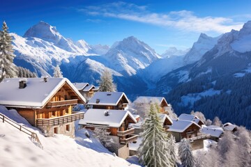 Charming alpine village with snow-draped rooftops and quaint chalets, creating a magical winter wonderland - Generative AI