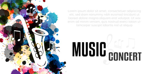 Wall Mural - Music festival concept. Live music concert. Horizontal vector poster with saxophone and paint splash design elements