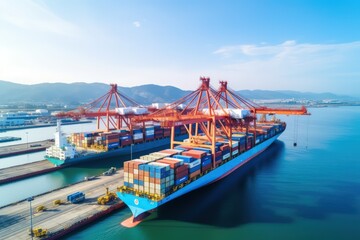 Canvas Print - Aerial view of a busy seaport with cargo ships loading and unloading. Logistics operations supporting global trade. Global trade and logistics. Global business.