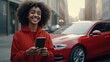 modern genz young african american black woman buying new car, cinematic tv spot concept.