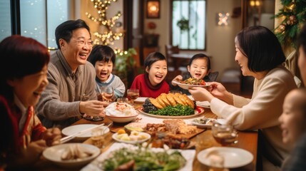 Big asian family dinner table , eating together,christmas and thanksgiving concept.New year chinese