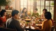 Big asian family dinner table , eating together,christmas and thanksgiving concept.New year chinese