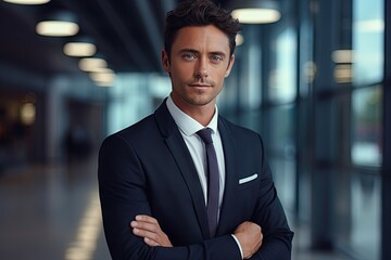 Handsome business man crossing arms smiling outdoors the company building.Day at work,entrepreneur