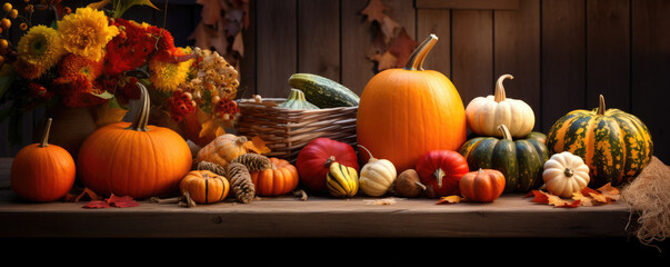 Wall Mural - Rustic wooden table adorned with pumpkins, gourds, and fall leaves
