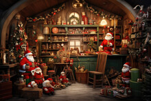 Santa's Workshop, Complete With Elves, Toys, And A Sleigh Ready For Christmas Eve