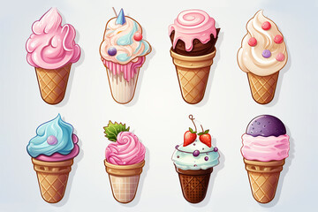 Ice cream Stickers, Flat cute ice cream cone sticker pack, A set of ice cream stickers isolated on white background, comic style ice cream cones, cartoon concept ice cream stickers, candy stickers