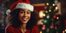 Happy Adorable Shiny Young Woman Wearing Santa Hat Smiling In Indoors Room At Home House, Generative Ai