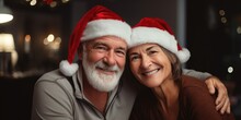 Happy Senior Couple Smiling And Hugging In Santa Hats Celebrating At Home, Mature Man And Woman Embracing During New Year Celebration, Generative Ai