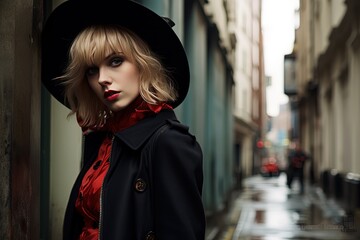 Sticker - artistic woman street fashion portrait, pretty girl walking in urban city street, black hat and coat with red shirt, Generative Ai	