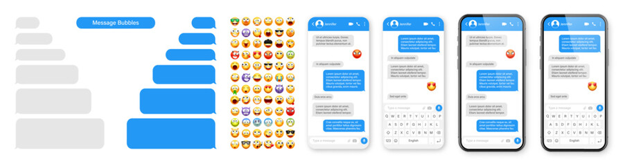 Smartphone messaging app, user interface design with emoji. SMS text frame. Chat screen with blue message bubbles. Texting app for communication. Social media application. Vector illustration