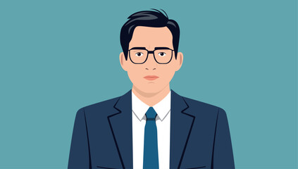 Aufkleber - Man in suit vector portrait - Asian businessman face and upper body looking into camera with serious facial expression. Flat design illustration