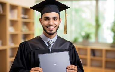 Wall Mural - Graduated muslim boy student stands with mortar board hat on head and bachelor gown, generative ai