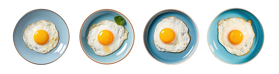 collection of delicious fried eggs on blue plates with a runny yolk isolated on a white or transparent background. perfect for breakfast, lunch, or dinner. addition to a salad or sandwich, top view.