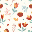 Vector floral seamless pattern with flowers and nuts. Hand drawn eco design for cover, fabric and wrap paper.