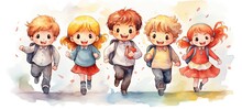 Watercolor Style Illustration Young Kids Go To School Together, Happy Expression, Generative Ai