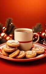 Christmas illustration with coffee and cookies on red table