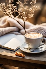 Cozy winter background with cup of coffee