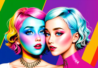 Two beautiful young women with bright make-up.