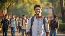 Indian Student Ready To Go To Class, Back To The University Concept. Handsome Man Smiling To Camera