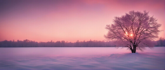 Wall Mural - Winter wallpaper. A tree standing alone on a snowy field against a pink frosty sunset sky. Beautiful winter nature scene.	