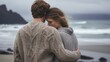 © Login - A couple in knitted sweaters stands and looks into the distance on the seashore. The warm embrace of two people. The concept of joint recreation. Illustration for cover, card, interior design or print