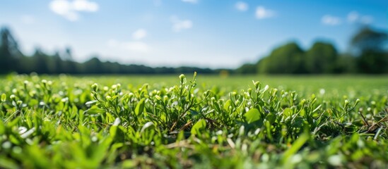 Wall Mural - Selective focus on blue sky green lawn