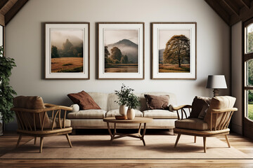 Living room gallery wall, home decor and wall art, framed art in the English country cottage interior.ai generative