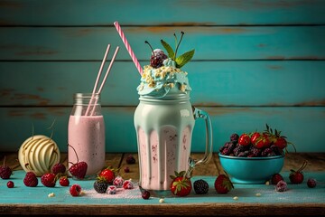 Wall Mural - Milkshake with raspberries and blackberries in a glass jar on a blue wooden background