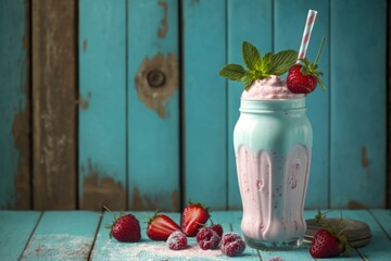 Wall Mural - Strawberry milkshake in a jar on a wooden background