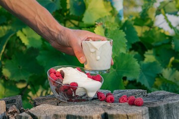 Sticker - Bowl o red raspberries with chocolate and a man holding a glass of yogurt on a wooden background