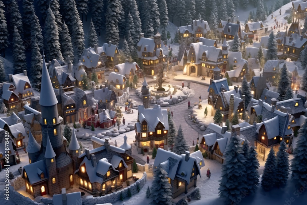 Winter village at night. Small houses in the snow. Christmas landscape ...